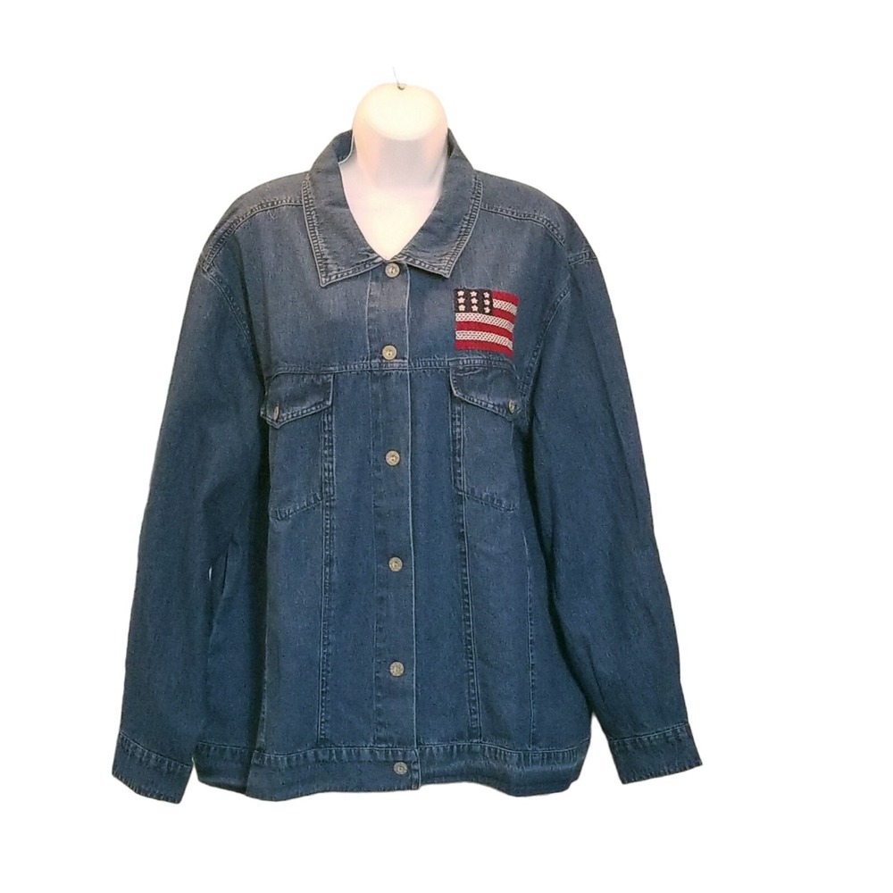 Denim & Co Womens Denim Jean Jacket Trucker Embroidered USA Flag Patriotic 2X